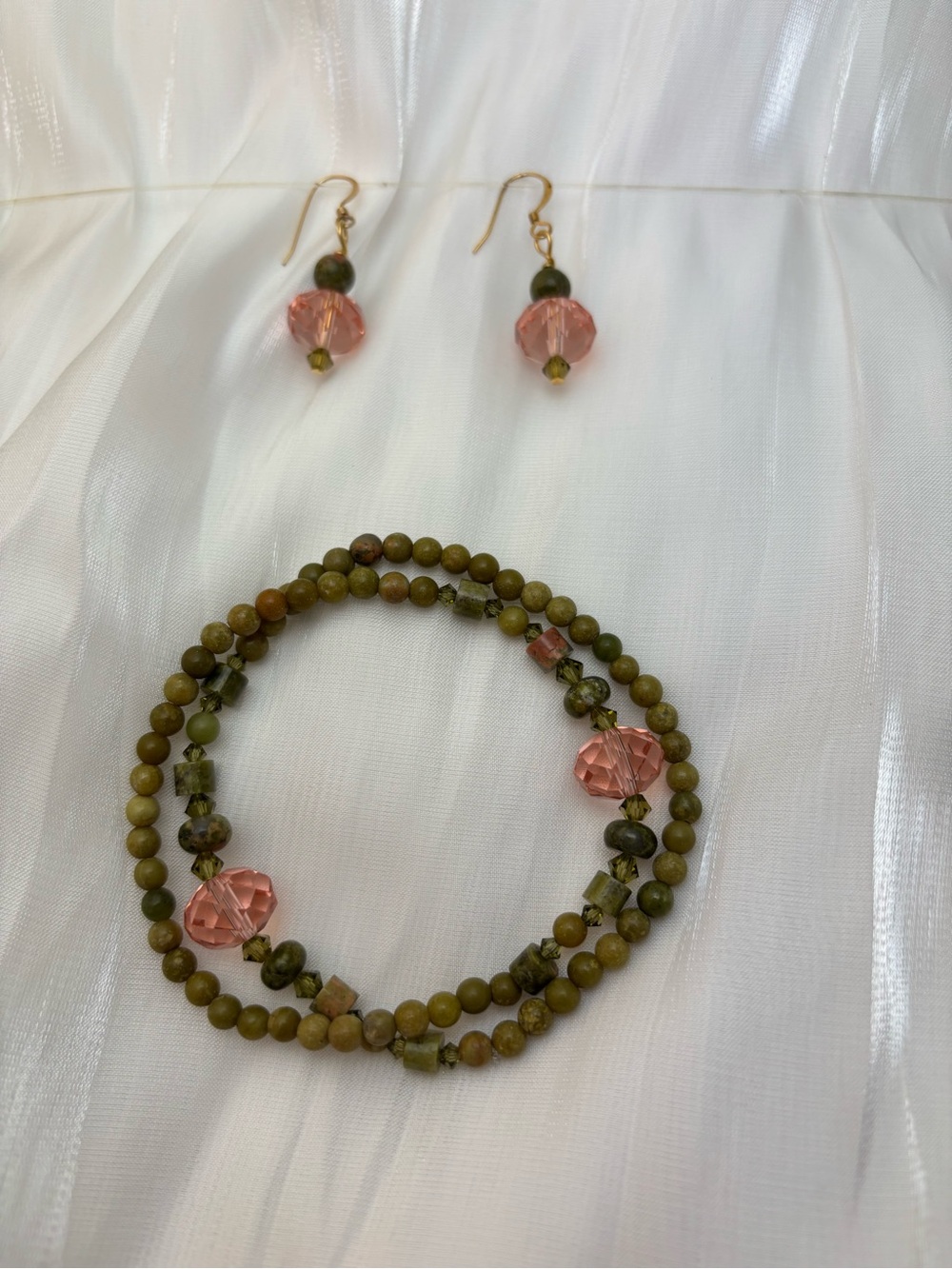 Handcrafted Olive Green and Pink Beaded Necklace & Earring Set
